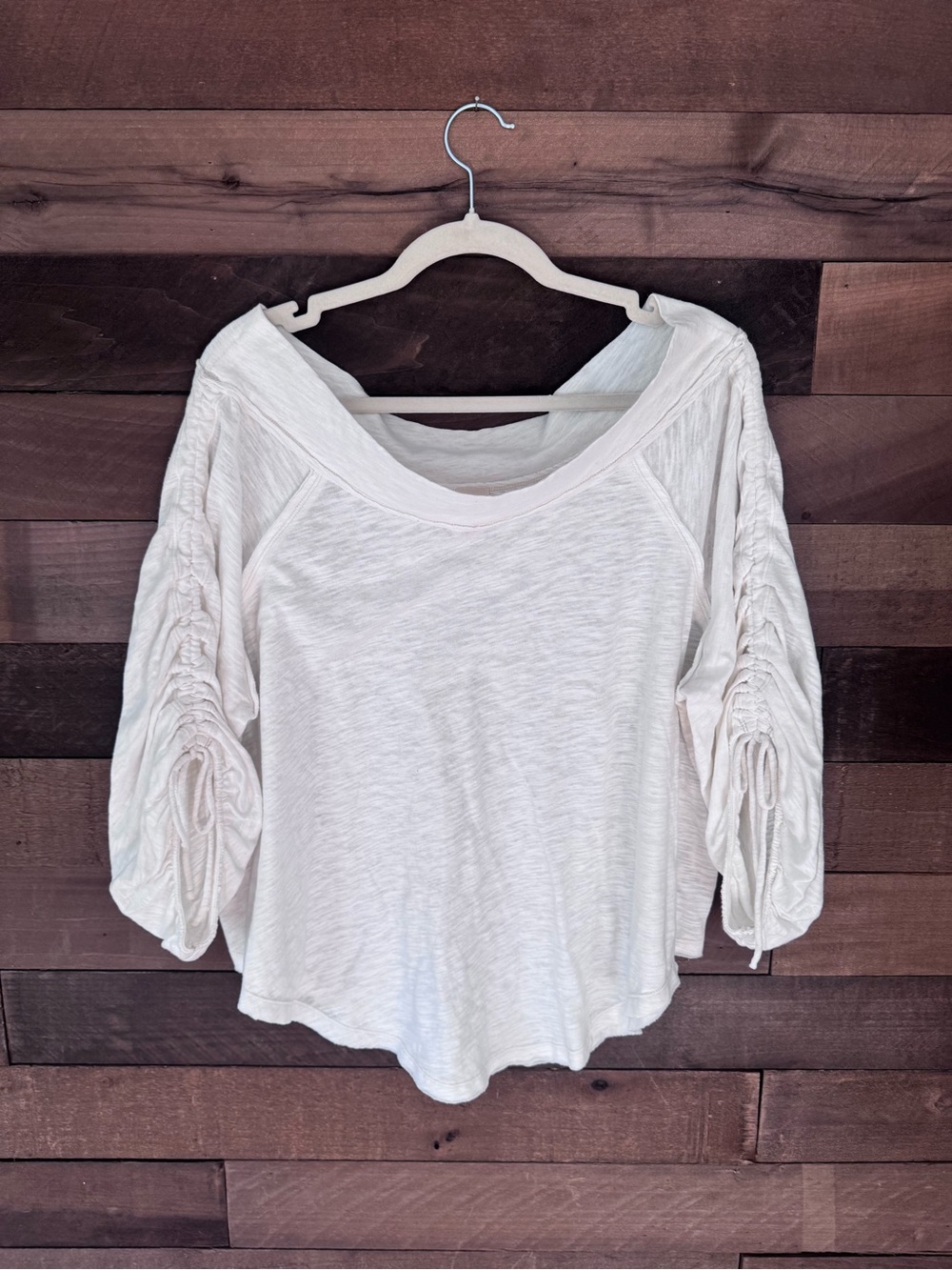 We The Free Cream Ruched-Sleeve Off The Shoulder Scoop Neck Top